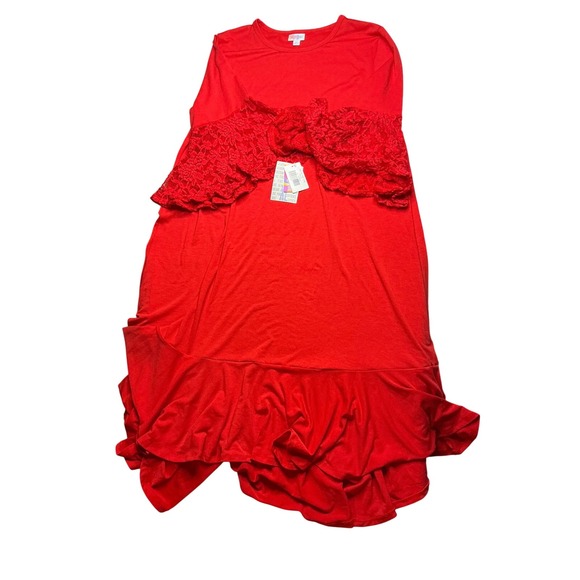 LuLaRoe Maurine‎ Dress Red Lace Ruffle Trim Long Sleeve Casual XL NWT - Picture 1 of 5